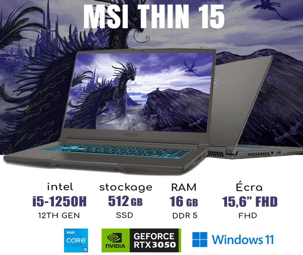 pc neuf MSI THIN 15 i5 12TH GEN RTX 3050